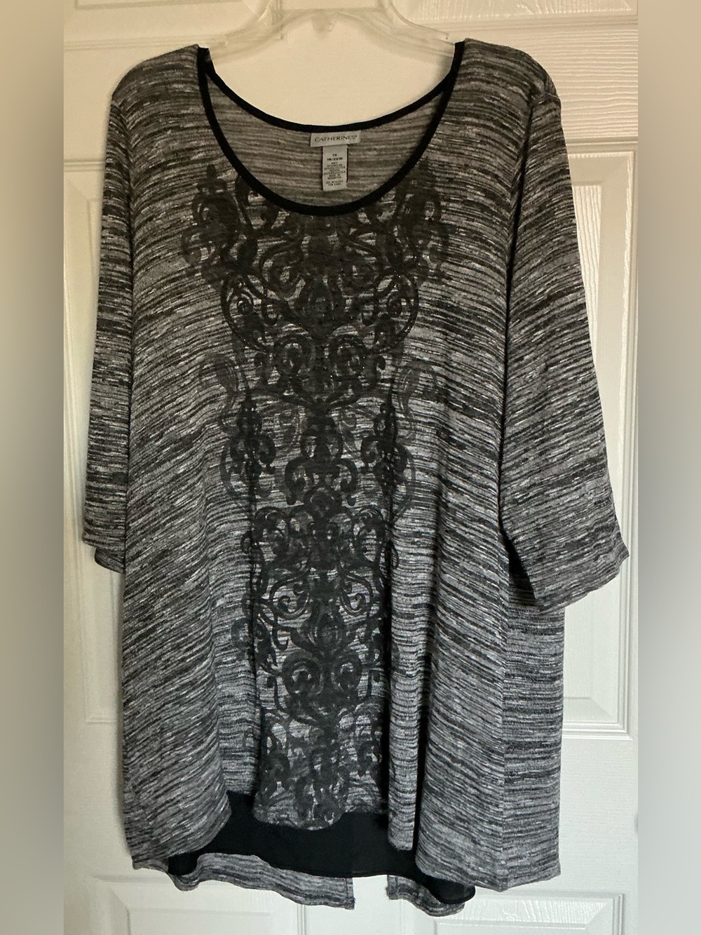 Catherines Top Women 1X 18 20W Gray Black Lace Trim Knit Blouse Tunic 3/4 Sleeve